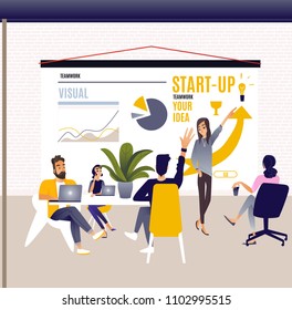 Vector illustration. presentation and development of the business idea of a new startup. Project manager with presentation before the team Increase sales and skills. Team thinking and brainstorming. 