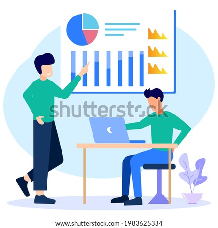 Vector illustration of a presentation in front of a business associate. The audience listens to the performance. Presentation on good business growth.
