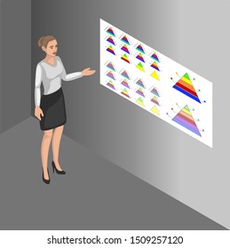 Vector illustration presentation isometric drawing girl tells and shows color images infographics