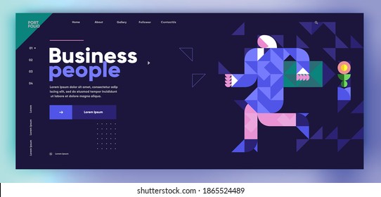 Vector illustration. Presentation slide. Business woman running with a briefcase. Slide presentation, web page, cover. Business illustration in modern style, mosaic, vector polygons.