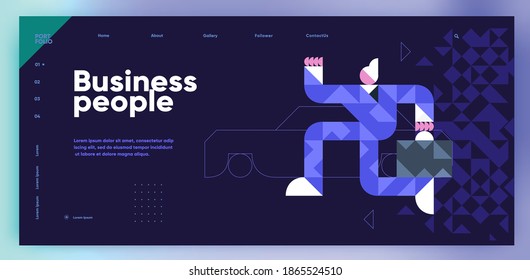 Vector illustration. Presentation slide. A businessman with a briefcase runs. Slide presentation, web page, cover. Business illustration in modern style, mosaic, vector polygons.