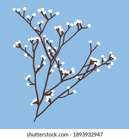 The vector illustration is presented in subtle shades of brown, white and blue. Single element of apricot branch.