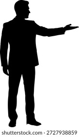 Vektorgrafik des Moderatorensymbols in Silhouette mit Anzug, aufrechter Haltung und offener Handgeste
