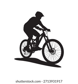 Ilustración vectorial presentando silueta de mountain biker. Elemento de diseño deportivo de ciclismo para temas de atletas y aventuras. Aislado sobre fondo blanco.
