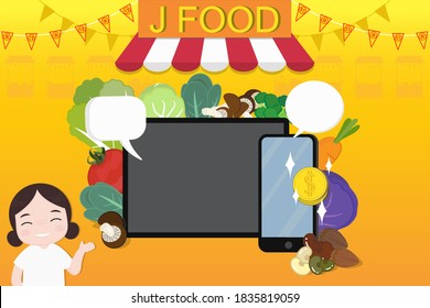 Ilustración vectorial que presenta una forma de comprar productos vegetarianos en línea. Con caracteres tailandeses y chinos que significan "vegetariano".