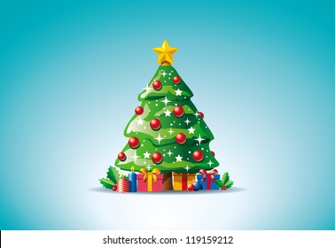 Vector illustration of presents around Christmas tree