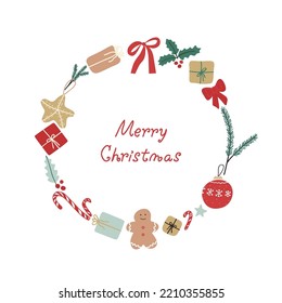 Vector Illustration with presents, candies, etc. and text Merry Christmas. For greeting card, party invitation, post in social media or mailing, web, advertising banner, sale brochure, cover, poster