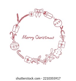 Vector Illustration with presents, candies, etc. and text Merry Christmas. For greeting card, party invitation, post in social media or mailing, web, advertising banner, sale brochure, cover, poster