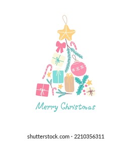 Ilustración vectorial con regalos, caramelos, etc. y texto Feliz Navidad. Para tarjeta de saludo, invitación de fiesta, publicación en medios sociales o correo, web, banner publicitario, folleto de venta, portada, afiche