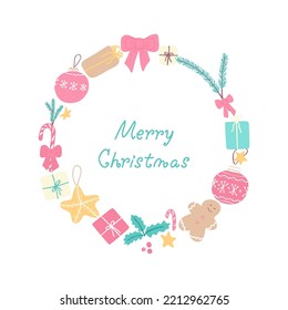 Vector Illustration with presents, candies, etc. and text Merry Christmas. For greeting card, party invitation, post in social media or mailing, web, advertising banner, sale brochure, cover, poster