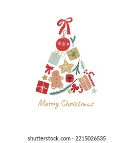 Vector Illustration with presents, candies, etc. and text Merry Christmas. For greeting card, party invitation, post in social media or mailing, web, advertising banner, sale brochure, cover, poster