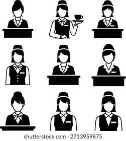 A vector illustration presents a compilation of female service worker avatars in uniform. The illustrations feature various roles, including waitress, hospitality staff, and airline stewardess.