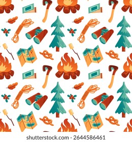 vector illustration presents a fun camping pattern featuring campfires, axes, binoculars, ropes, maps, and pine trees. Ideal for outdoor-themed designs and adventure merchandise.