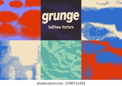 Vector illustration presents a grunge halftone texture divided into colorful blocks with abstract patterns in red, blue, navy, green, and beige. The style is retro, with bold contrasts, gritty shapes.