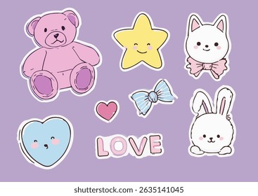 Vector illustration presents kawaii-style stickers, including a teddy bear, star, cat, rabbits, hearts, bows, and the word "LOVE". The playful pastel design is in line with the current kawaii trend.