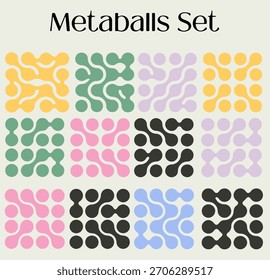Die Vektorgrafik zeigt einen Metaball in einem minimalen flachen Stil, der pastellviolett, orange, rosa und grün verwendet. Das Design verfügt über abgerundete, miteinander verbundene Formen mit einem abstrakten, modernen Thema.
