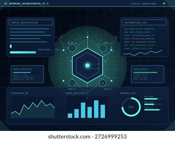 Una Ilustración vectorial presenta un panel de orquestación de red que muestra análisis de datos, conexiones de agentes y métricas de rendimiento. Destaca el Estado y la eficacia en tiempo real.