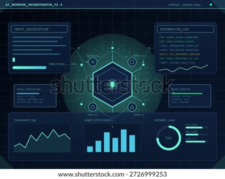 A vector illustration presents a network orchestration dashboard displaying data analytics, agent connections, and performance metrics. It highlights real-time status and efficiency.