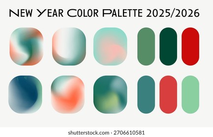 A ilustração vetorial apresenta paletas de cores de Ano Novo para 2025 2026 com formas abstratas arredondadas e misturas de gradiente de vermelho, verde e azul. O estilo minimalista usa bordas suaves e cores festivas.