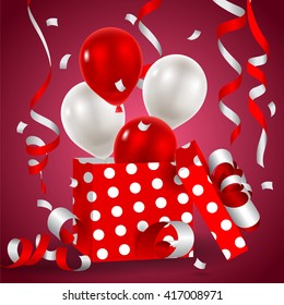 Vector illustration of presents with a red ribbon, balloons, birthday
