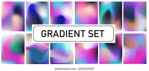 A ilustração vetorial apresenta um conjunto de planos de fundo de gradiente colorido e abstrato. O estilo moderno e futurista usa formas suaves e fluidas em rosas vibrantes, roxas, azuis e verdes.