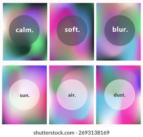 La Ilustración vectorial presenta un conjunto de fondos degradados abstractos y coloridos. El estilo moderno y futurista utiliza Formas suaves y fluidas en rosas, púrpuras, azules y verdes vibrantes.