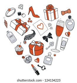 vector illustration of presents for women in heart shape