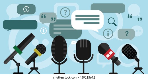 vector illustration of press conference with microphones speech boxes quotes and communication process pictured