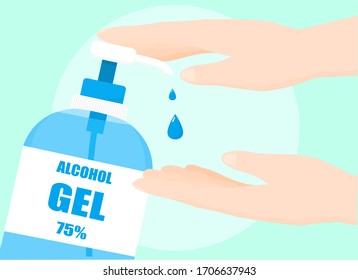 Vector illustration pressing alcohol washing hands To kill germs viruses and bacteria on a green background