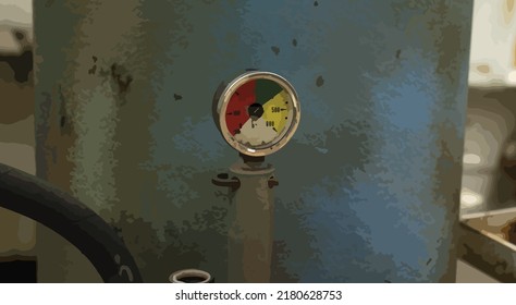 Vector illustration of a pressure alarm at an industrial coal mining machine. Alarm clock, industrial machine. Coal mining.