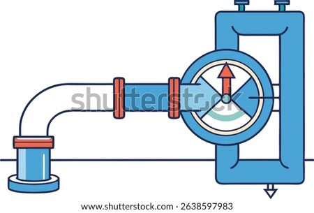 Vector illustration of a pressure gauge attached to a pipeline system in blue and red color scheme. Perfect for industrial, plumbing, mechanical, and fluid control concept designs.