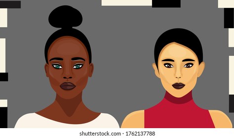 Vector illustration of pretty african and asian girl. Isolated on grey background