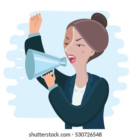 Vector illustration of pretty of angry Business woman yelling through megaphone and shaking her hand