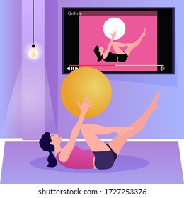 Vector illustration pretty athletic woman doing exercises at home. Online video training classes. Sport tv activity quarantine. Aerobic stretching with ball. Girl fitness pose in room, blue interior
