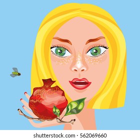 Vector illustration with pretty blond fashion woman with big green eyes looking at the red and gold pomegranate in her hand and a fly flying around