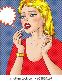 Vector illustration of pretty blond girl painting her lips with red lipstick, thought bubble. Beautiful woman applying make-up in retro pop art comic style.