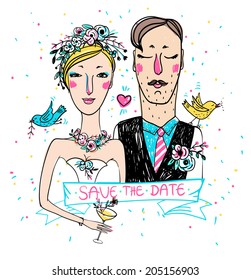 vector illustration of a pretty bride and a funny groom 