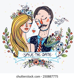 vector illustration of a  pretty bride and a groom with floral decorations 