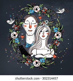 vector illustration of a  pretty bride and a groom with floral decorations on a chalkboard background