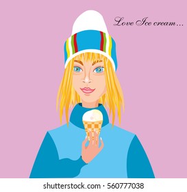 Vector illustration with a pretty cute blond girl in hat and in blue sweater and eating ice cream