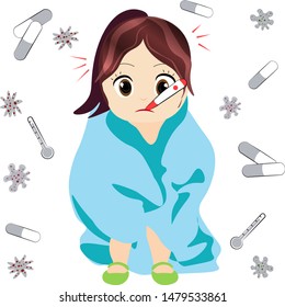 Vector illustration of pretty cute little girl taking her temperature isolated. A kid in a blanket or duvet around with thermometer in mouth between her lips. Caught a cold,flu or virus. Germs, pills
