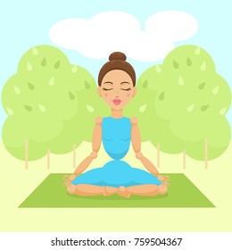 Vector illustration of pretty doll sitting in meditation yoga pose with background of nature. Yoga girl icon.  Yoga illustration for classes and studios.