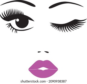 vector illustration of a pretty face, winking, long lashes, fuchsia lips. 