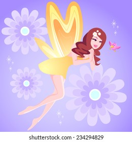 Vector illustration of a pretty fairy looking at a pink little bird