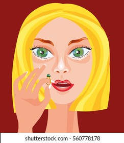 Vector illustration with pretty fashion blond girl with big green eyes looking at the golden ring with green stone