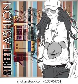 Vector illustration of a pretty fashion girl and old tram.