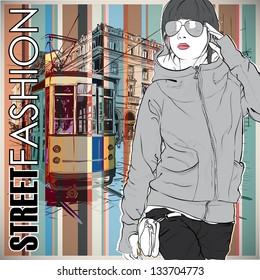 Vector illustration of a pretty fashion girl and old tram.