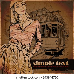 Vector illustration of a pretty fashion girl and old tram.