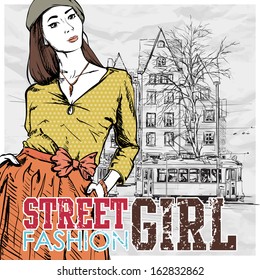 Vector illustration of a pretty fashion girl and old tram.