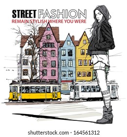 Vector illustration of a pretty fashion girl and old tram.